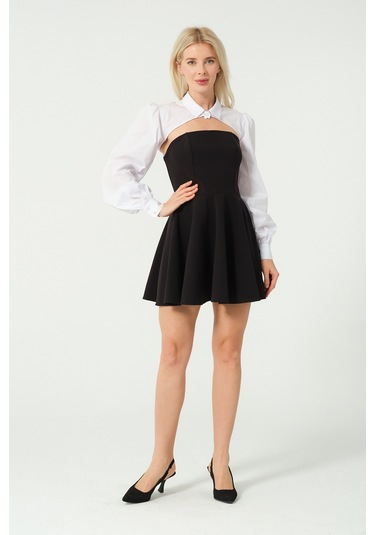 Kolluk Detay Mini Kloş Elbise Siyah Beyaz