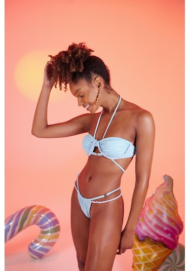 Holly Lolly Özel Yapım Parlak Kumaşlı Premium Mia Bikini Üstü Mavi