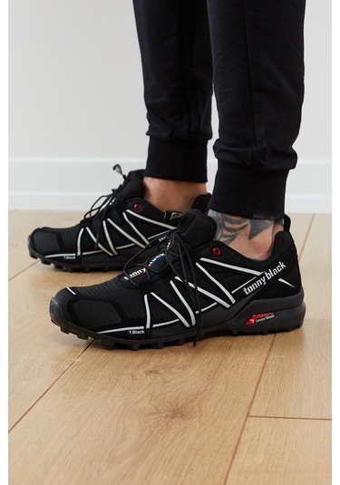 Rahat Kalıp Şeritli Lastik Bağcıklı Erkek Siyah Beyaz Trekking Ayakkabı Tb160-0 Siyah Beyaz