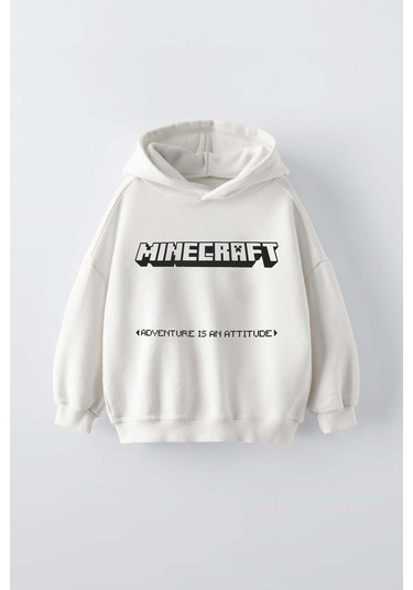 Erkek Çocuk Mınecraft Modelli Pamuk Kapşonlu Sweat Ekru