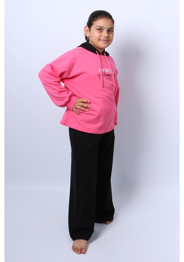 Kız Çocuk Kapşonlu Eşofman Takımı Baskılı İspanyol Paça C36 Pembe