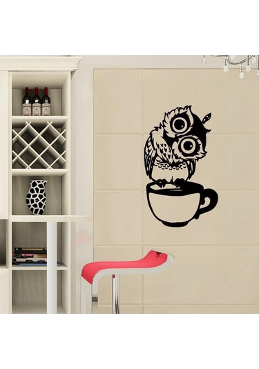 Komik Karikatür Baykuş Fincan Çay Kahve Mutfak Çıkartmaları Ev Dekor Oturma Duvar Sticker İçin Diğer