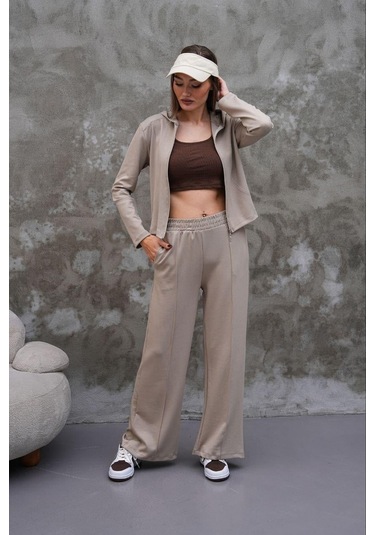 Elaxi Modal Kumaş Slim Fit Kapüşonlu İkili Takım Bej