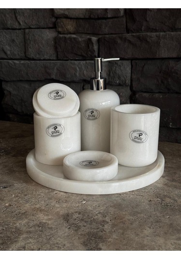 Beyaz Mermer Gümüş Pompalı, Pamukluk Kendinden Tutmalı 5'li Set Beyaz