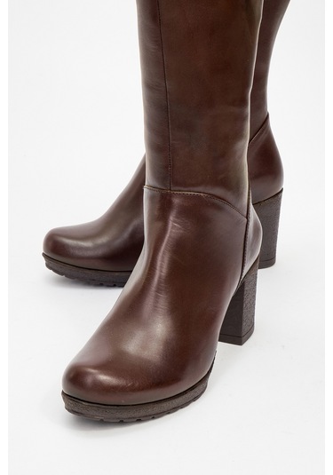 Kadın Yüksek Topuklu Fermuarlı Çizme Gerçek Deri Br 08012 Kahverengi Null Kahverengi