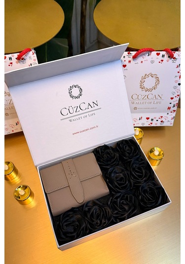 Premium Gift Rose Box - Lily Vizon Hakiki Deri Cüzdan Siyah Gül Kutusu Vizon