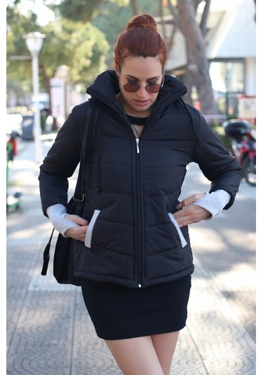 Günlük Su Geçirmez Kısa Kışlık Şişme Kadın Mont Siyah