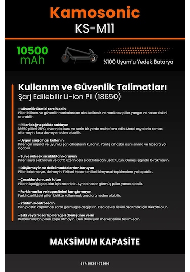Kamosonic Ks-M11 / 36v 10500mAh Elektrikli Scooter Bataryası