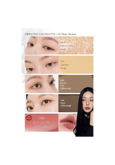 Muzıgae Mansıon Twist Pot Eye Palette 4'lü Far Paleti + Mini Boy Icy Glow Set 03 Mute Brown