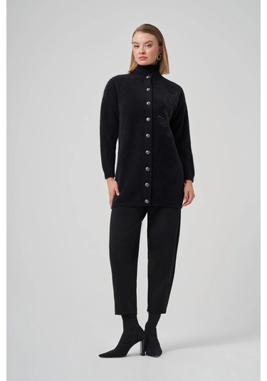 Nuss 7007 Yan Nakış İşlemeli Hırka - Siyah Siyah
