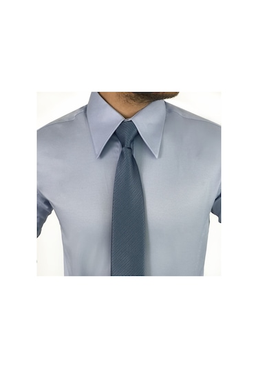 Italyan Stil Slim Fit Sivri Yaka Saten Erkek Gömlek Mavi T7215