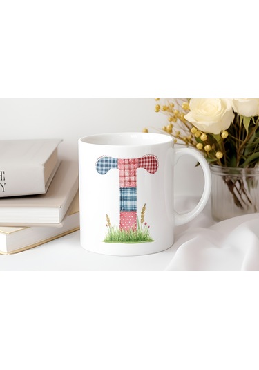 T Harfli Retro Çiçekli Kupa Bardak - Patchwork Tarz Yamalı Desenli İsme Özel Kupa - Hediye 07 Beyaz