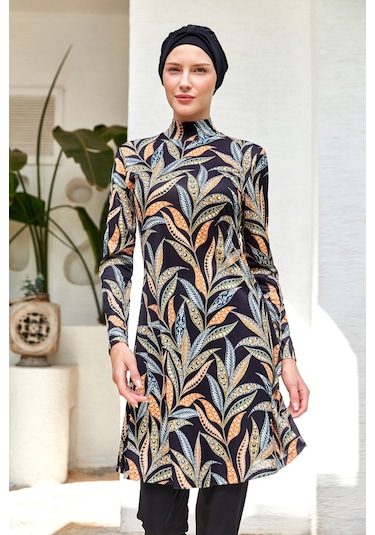 Likralı Tam Kapalı Tesettür Mayo Desenli 3105 Siyah Siyah