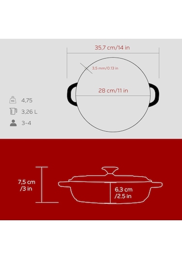 Lava Döküm Yuvarlak Çok Amaçlı Yayvan Tencere New Heritage Serisi Çap Ø 28cm.-bordo Bordo