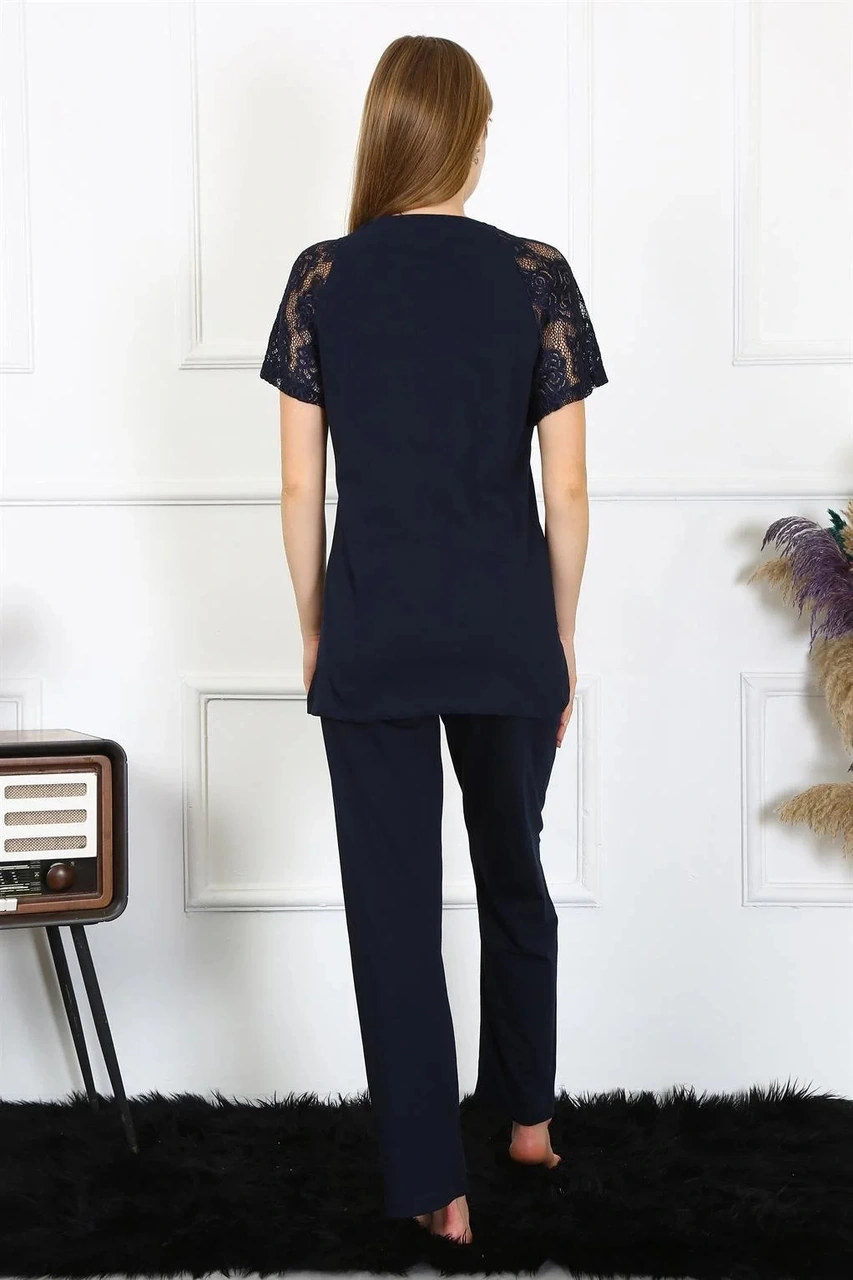 Moda Kadın Kolu Dantelli Penye Pijama Takım Lacivert Lacivert