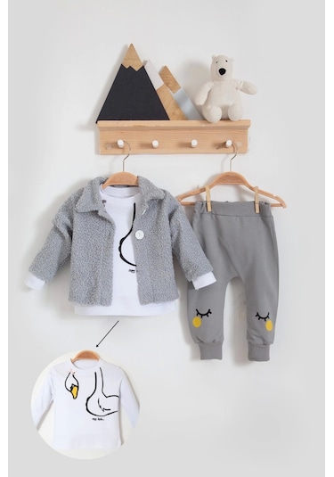 Babydonat Peluş Hırkalı 3 Lü Kız Bebek Takım Gri