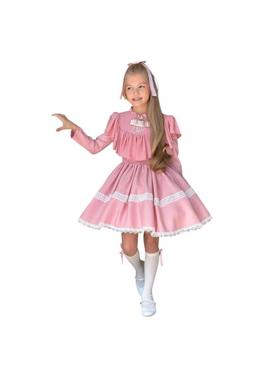 Riccotarz Kız Çocuk Göğsü Ve Yakası Fırfırlı Eteği Pliseli Dantel Şerit Detaylı Pudra Elbise Pudra