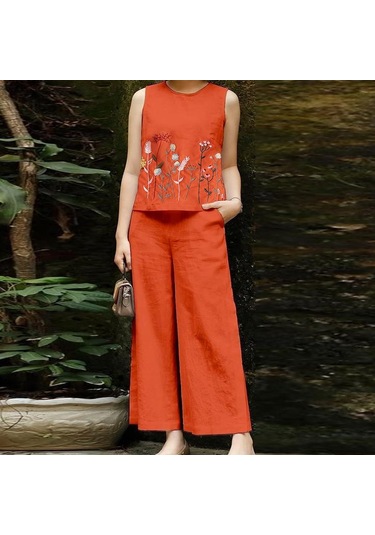 Zanzea Kadın Çiçek Baskı Tankı Üstleri Ve Pantolon Yaz Rahat Iki Parçalı Takım Elbise Seti Turuncu Zanzea Kadın Çiçek Baskı Tankı Üstleri Ve Pantolon Yaz Rahat Iki Parçalı Takım Elbise Seti Turuncu