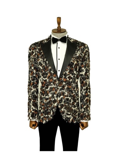 Wessi Saçaklı Leopar Desenli Erkek Siyah Beyaz Balo Ceket Beyaz