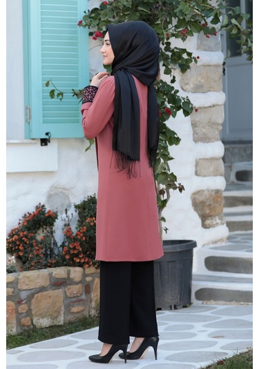 Lazer Kesim Detaylı Büyük Beden Tesettür Takım Kiremit