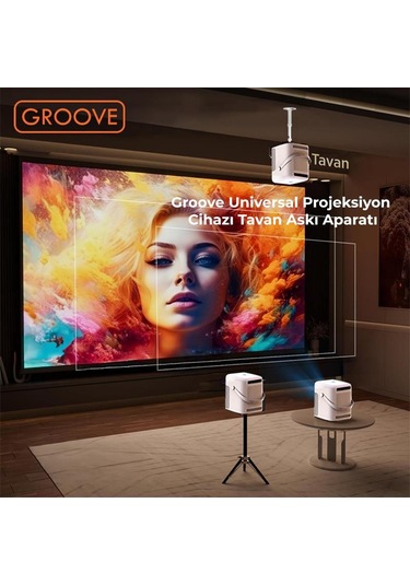 Vankyo Groove 30-60cm Alüminyum Projeksiyon Cihazı Tavan Askı Aparatı Duvar Bağlantı Aparatı Universal Projector Beyaz 360 Dönebilen Tripod Yuvalı