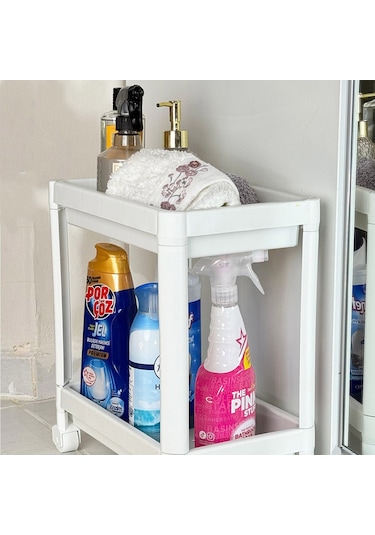 2 Katlı Tekerlekli Mutfak Tezgah Altı, Deterjanlık - Al4696 Beyaz