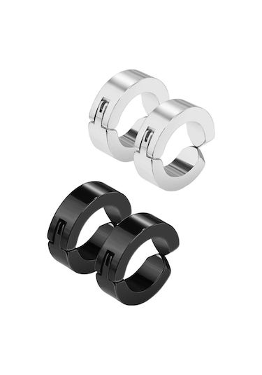 2 Ad. Siyah 2 Ad. Gümüş Renk 4 Ad. Sıkıştırmalı Unisex Deliksiz Kulaklara Çelik Küpe - 3187 Çok Renkli