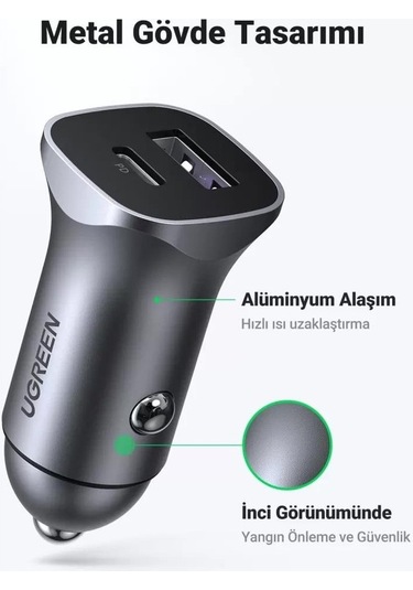 Ugreen 30w Qc Pd Alüminyum Araç Çakmaklık Şarj Cihazı 1xusb-c, 1xusb-a, Gri, 40858