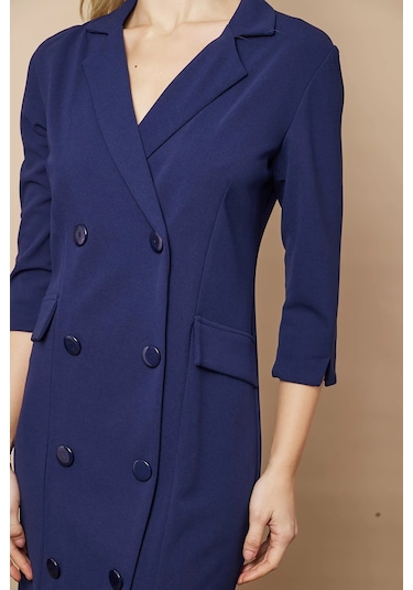 Yakalı Sırt Dekolteli Anvelop Truvakar Kol Likralı Krep Kumaş Düğmeli Ceket Elbise-lacivert Lacivert