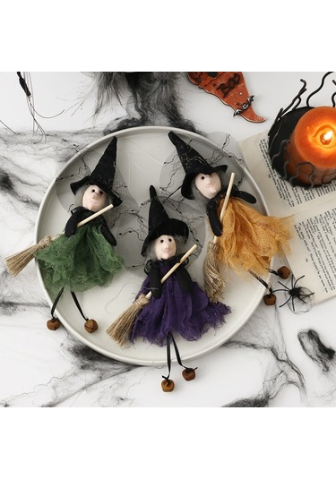 Cadılar Bayramı Süpürge Cadı Bebek Kolye Festivali Parti Sahne Turuncu Yeşil Mor