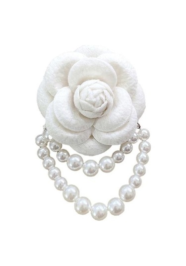 Bej Kumaş Gül Broş Zarif Vintage Çiçek Parlak Sahte İnci Zincir Şapka Şal Eşarp Çanta Elbise Yaka Kadın Kızlar Yaka Pin Moda Aksesuarları Bej