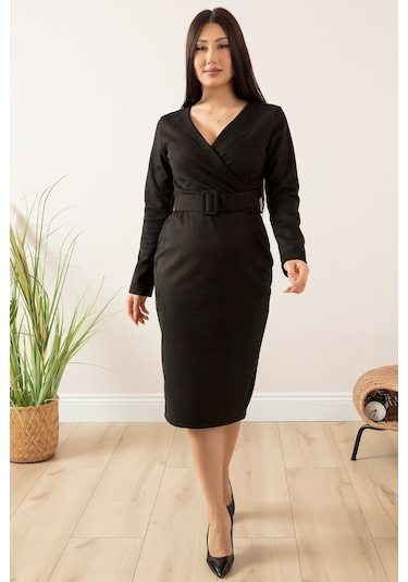 Kalopya Süet Kruvaze Yaka Kemerli Elbise 13407-