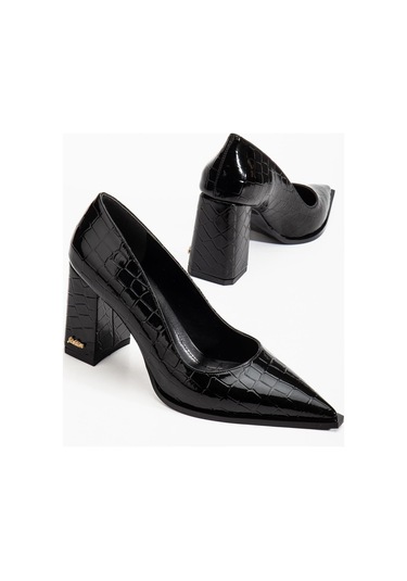 Suins Premium Kevin Model Kadın Kalın Topuklu Kroko Stiletto Ayakkabı Siyah