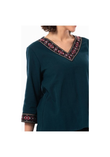 Truvakar Kol V Yaka Nakışlı Talya Şile Bezi Yazlık Bluz Petrol Ptrl-petrol