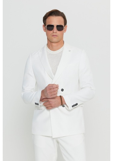 Erkek Ekru Slim Fit Dar Kesim Kırlangıç Yaka Kapak Cepli Blazer Ceket Ekru