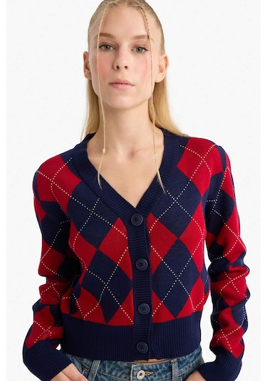 Defacto Coool Fitted V Yaka Baklava Desenli Düğmeli Hırka F9566ax25wnnv241 Lacivert