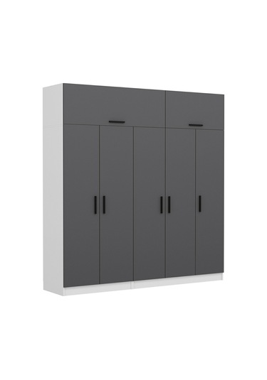 Minar Kale 5 Kapaklı 2 Çekmeceli Dolap Ve Yüklük Beyaz Antrasit 255cm