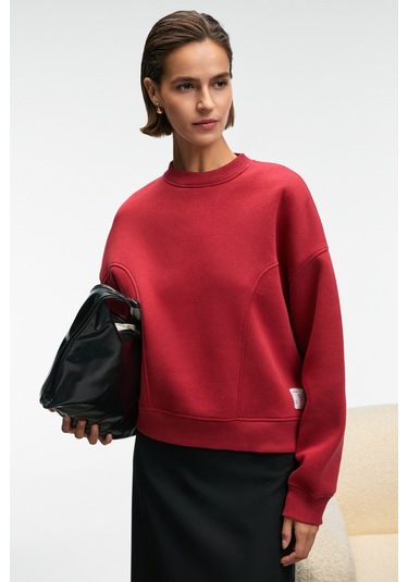 Grımelange Serenya Kadın Pamuklu Etiket Detaylı Bisiklet Yaka Kırmızı Sweatshirt Kırmızı