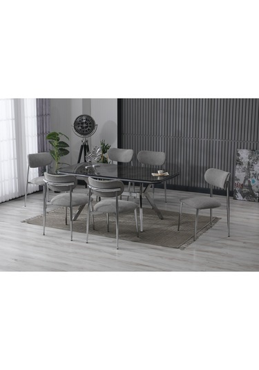 Clar Serisi Lak Panel Masa Takımı + 6 Sandalye Gri