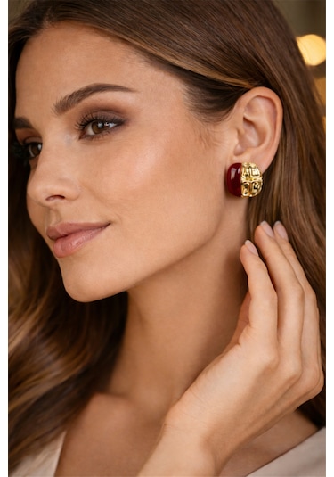 Bordo Gold İkili Küpe Renkli