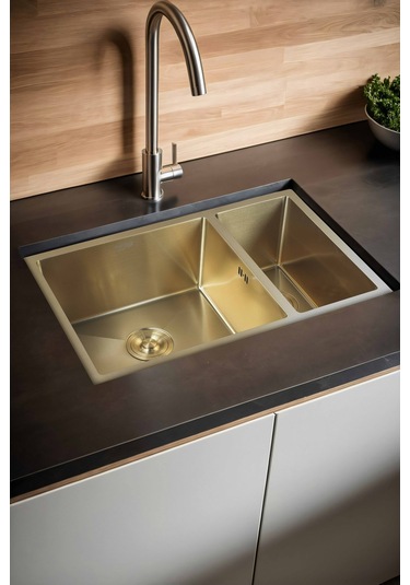 Uka Serisi %100 Krom 70x45 Paslanmaz Mutfak Eviyesi, Mutfak Lavabosu Sifon Dahil Gold