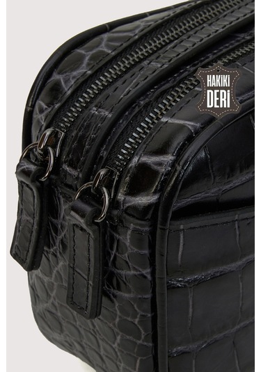 Hakiki Deri Kadın Çapraz Omuz Çantası Siyah Kroko Smr8975 Siyah Kroko