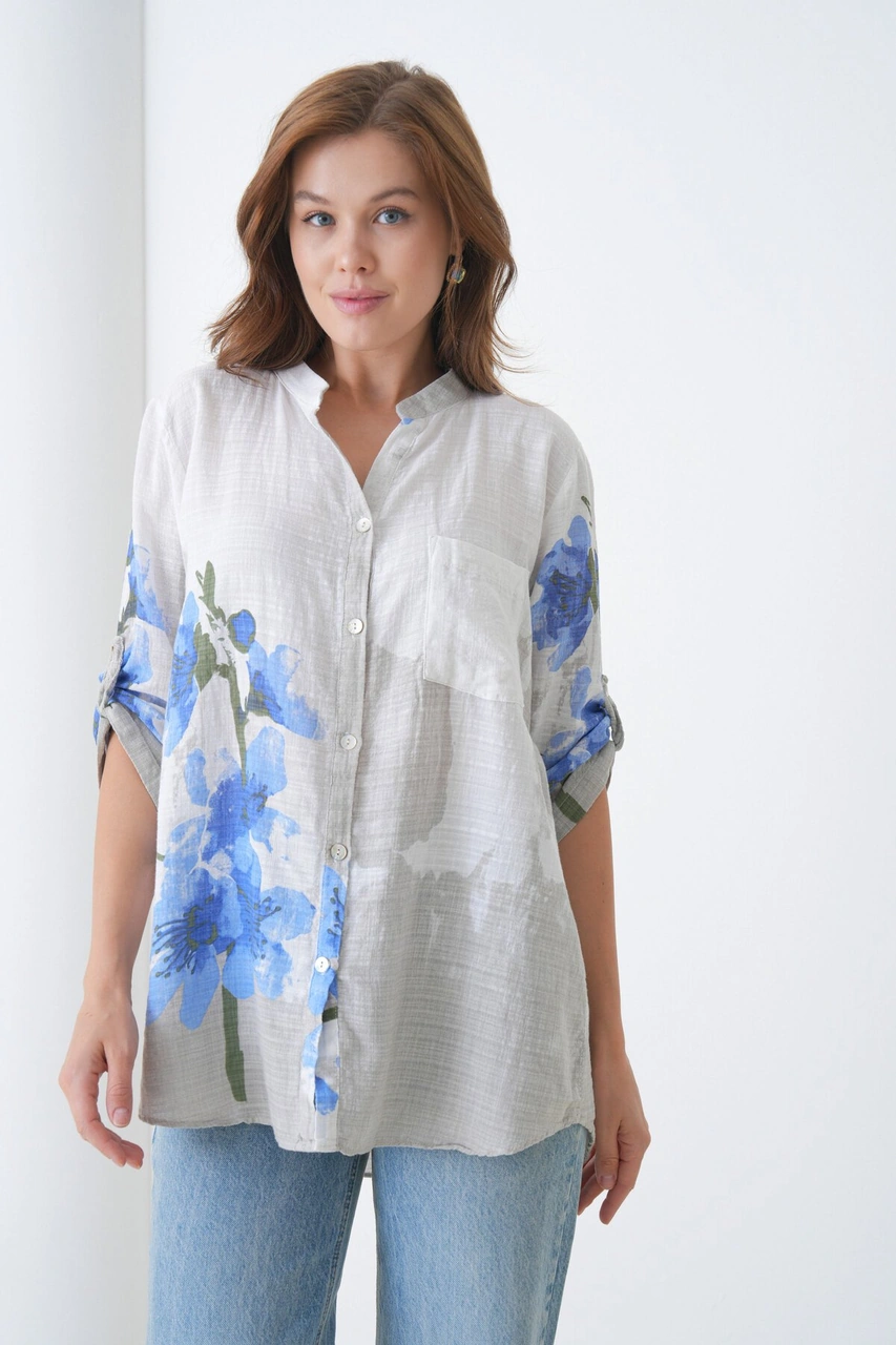 Kadın Tesettüre Uygun Uzun Kol Pamuk Şık Büyük Beden Desenli Curve Rahat İtalyan Keten Gömlek Mavi