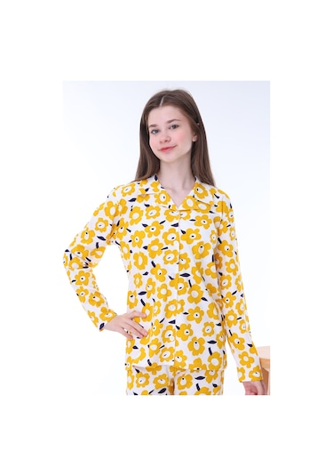 Zuzunga Sarı Papatya Desenli Düğmeli %100 Pamuk Kız Çocuk Pijama Takımı Sarı