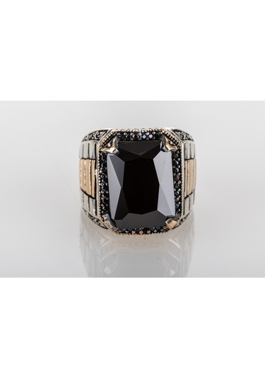 Gümüş Saat Kordon Model Siyah Zirkon Taşlı Erkek Yüzük