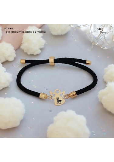 Koç Burçları İçin Örgü İpli 14 Ayar Altın Plakalı Mevlana Motifli Hediye Bileklik-319burç-siyah Altın