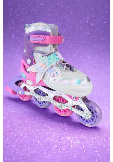 Deniz Kızı Işıklı Kız Çocuk Pateni Silikon Teker Ayarlanabilir Paten Taşıma Çantalı Pembe Lila Pembe