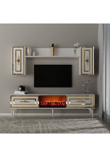 Violla Şömineli Tv Ünitesi Takımı Beyaz-altın