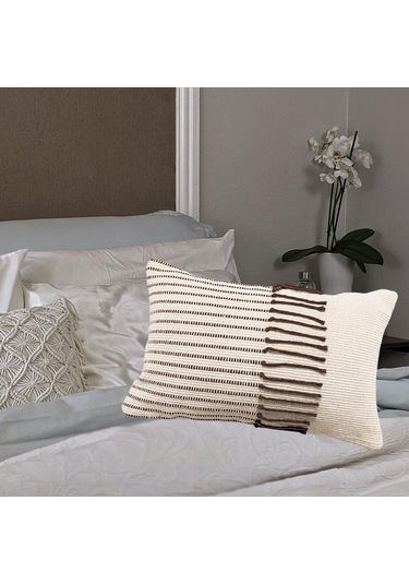 Suntek Magideal Boho Pamuk Makrome Yastık Örtüsü Dekoratif Minder Beyaz-30x50cm