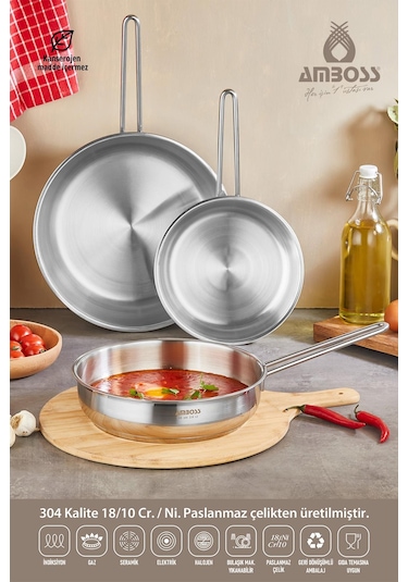 Lusigram 3 Parça Paslanmaz Çelik İndüksiyon Tabanlı Kapaksız Tava Seti